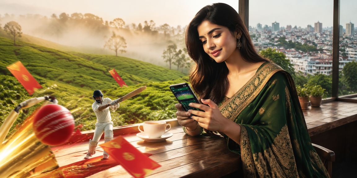 সিলেটের চা বাগানের পটভূমিতে মোবাইলে ক্রিকেট বেটিং করছেন একজন ব্যবহারকারী